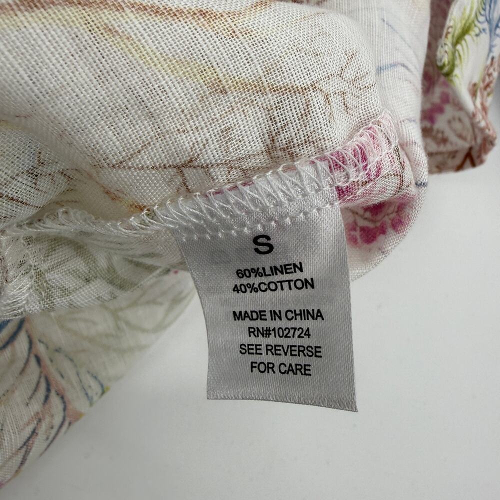 HESTER & ORCHARD Linen Blend Blouse Size S Pastel Flora 3/4 Sleeve V-Neck Ruffle - Picture 5 of 7